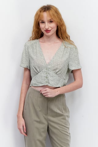 Women V Neck Short Sleeve Floral Print Blouse, Sage