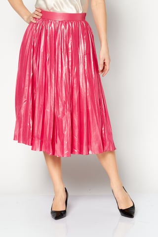 Women Pleated Synthetic Leather Midi Skirt, Pink