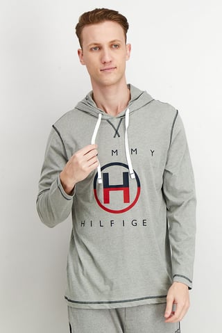 Men Hood With Drawstring Long Sleeve Brand Logo Sleepwear, Grey