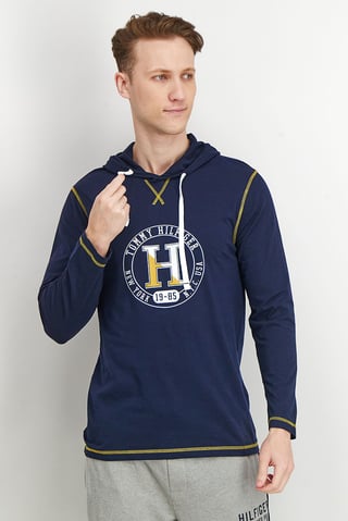 Men Printed Long Sleeve Hooded Sleepwear, Dark Navy Blue