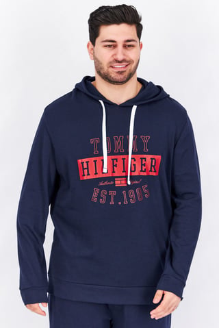 Men Hooded Brand Logo Long Sleeves Sweatshirt Sleepwear, Dark Navy