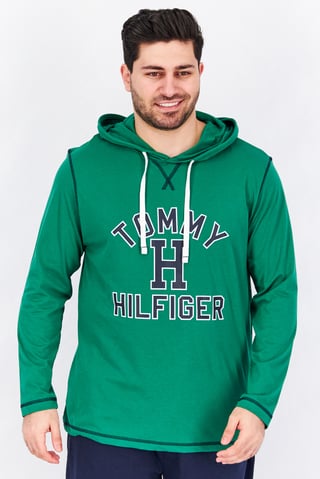 Men Graphic Full Sleeves Sleepwear Hooded Top, Basil
