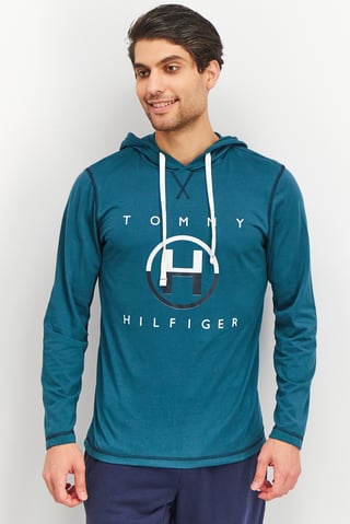 Men Hood With Drawstring Long Sleeve Brand Logo Sleepwear, Lagoon