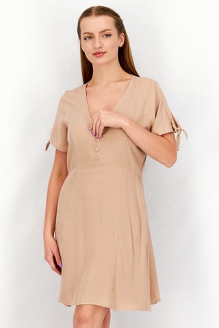 Women V-Neck Tie Sleeves Plain Mini Dress, Beige