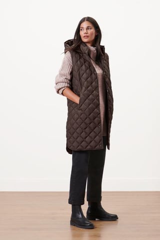 Women Quilted Long Vest Coat Jacket, Dark Brown