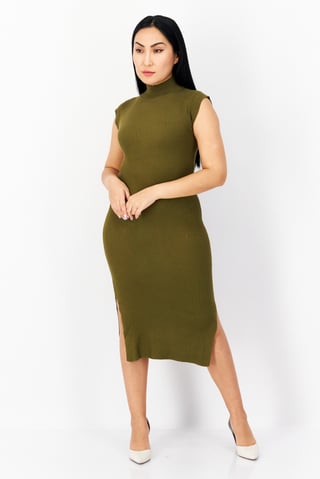 Women Ribbed Midi Dress, Dark Olive