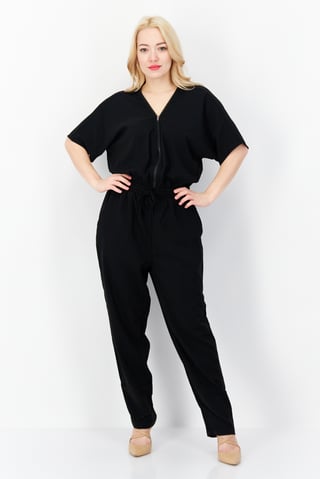 Women Plain Elastic Waist Short Sleeve Jumpsuit, Black