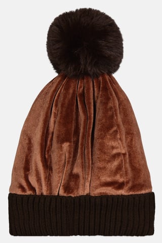 Women Pom Pom Velvet Knitted Beanie, Dark Brown