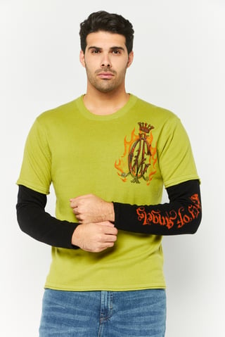 Men Round Neck Brand Logo Long Sleeve Sweater, Green