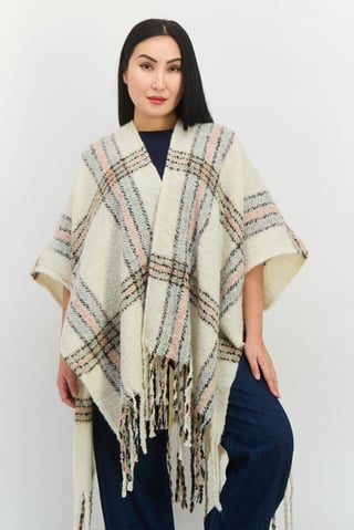 Women Plaid Kimono Poncho, Cream