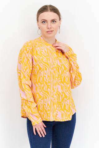Women  Band Collar Long Sleeve Allover Print Top, Orange/Pink