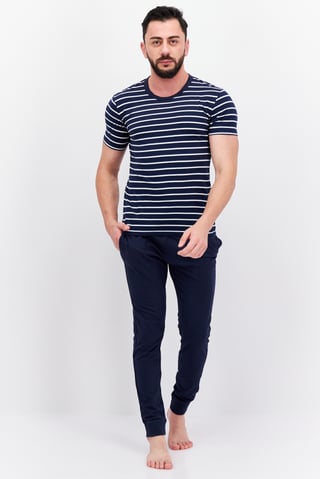 Men 2 Piece Stripe T-Shirt And Solid Pajama Sleepwear, Navy/White