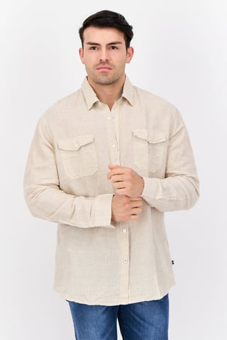 Men Classic Fit Stripe Long Sleeve Casual Shirt, White/Tan