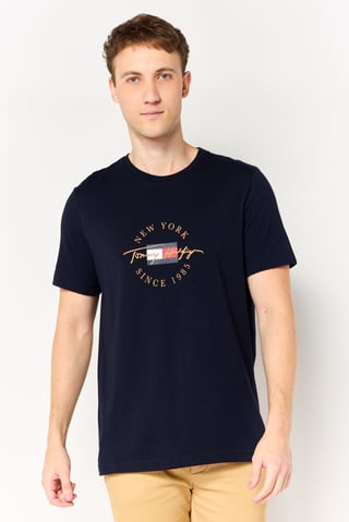 Men Crew Neck Short Sleeve Brand Logo T-Shirt, Navy