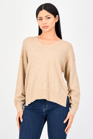 Women V Neck Heather Sweater,  Dark Beige