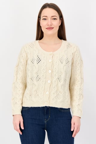Women Crew Neck Crochet Cardigan, Ivory
