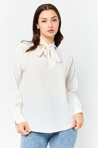 Women Tie Neck Long Sleeves Solid Blouse, Ivory