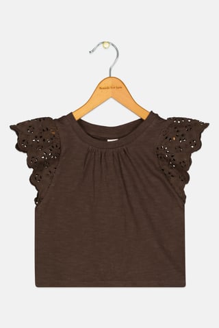 Toddlers Girl Round Neck Short Sleeve Plain Top, Dark Brown
