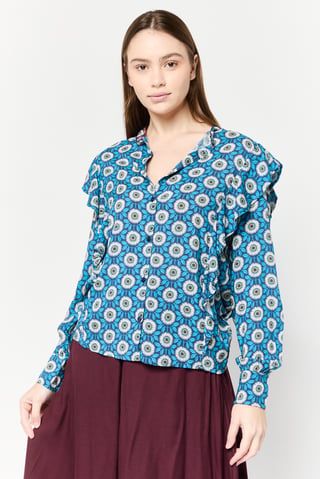 Women Band Collar Long Sleeves Graphic Print Blouse, Multicolor