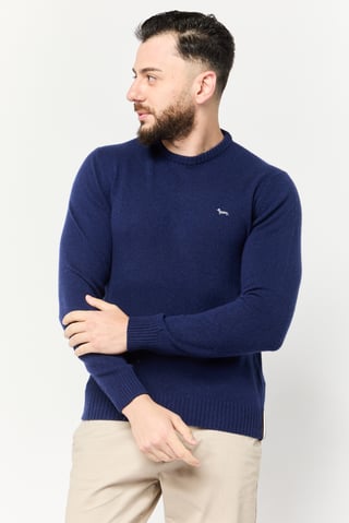 Men Ribbed Neck Embroidered Sweater, Navy