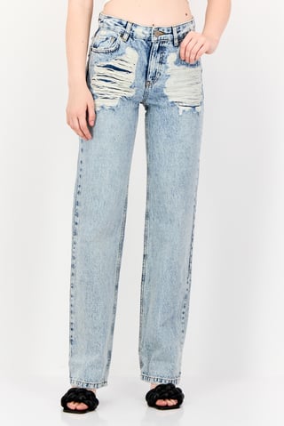 Women Straight Fit Mid Waist Distressed Non-Stretchable Denim, Blue
