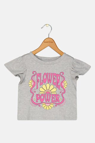 Toddlers Girl Crew Neck Ruffle Sleeve Graphic Print Top, Grey