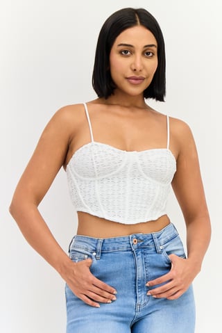 Women Square Neck Sleeveless Textured Tops, White