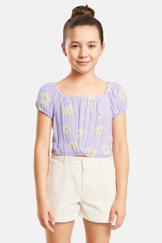Kids Girl Square Neck Short Sleeves Floral Top, Multicolor