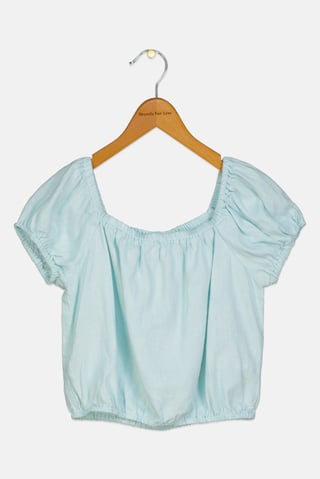 Kids Girl Square Neck Short Sleeves Plain Top, Mint Green