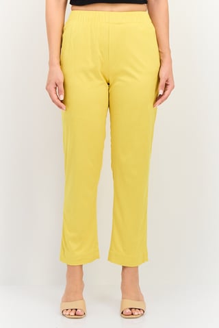 Women Street Fit Textured Straight Leg Pants, Mustard Yellow