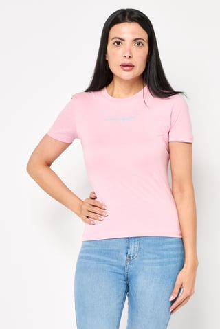 Women Round Neck Short Sleeve Embroidered Logo T-Shirt, Pink