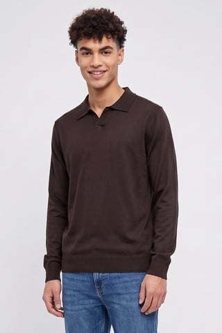 Men Spread Collar Textured Sweater, Dark Brown
