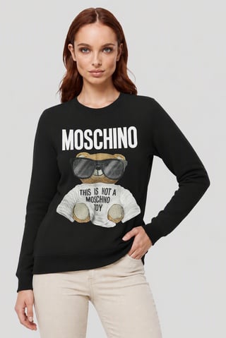 Women Ribbed Neck Long Sleeve Embroidered Sweatshirt, Black