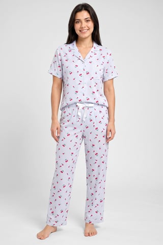 Women 2 Pieces Allover Print Short Sleeve Shirt With Pants Sleepwear Set, Multicolor