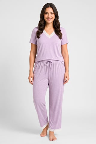 Women 2 Pcs Heather Short Sleeve T-Shirt And Pants Pyjama Set, Light Purple