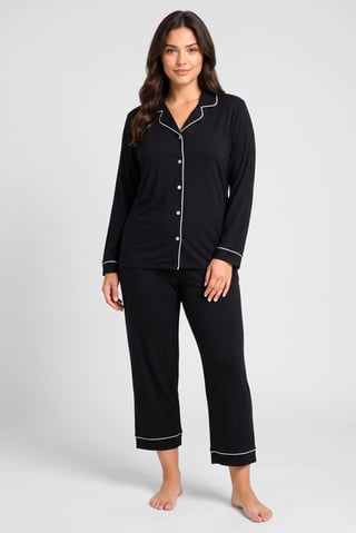 Women 2 Pcs Plain Long Sleeve Shirt And Pants Pyjama Set, Black