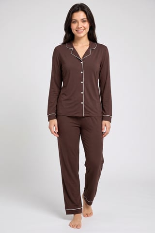 Women 2 Pcs Plain Long Sleeve Shirt And Pants Pyjama Set, Dark Brown