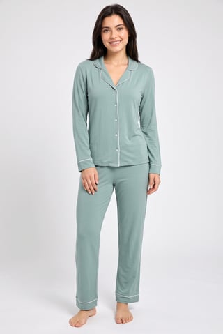 Women 2 Pcs Plain Long Sleeve Shirt And Pants Pyjama Set, Sage