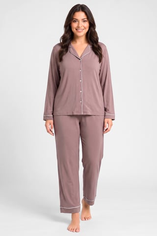 Women 2 Pcs Plain Long Sleeve Shirt And Bottom Pyjama Set, Mauve