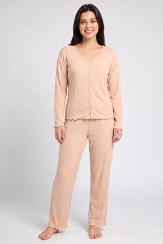 Women 2 Pieces Long Sleeve Top And Bottom Pajama Set, Dark Peach