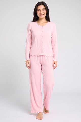 Women 2 Pieces Textured Long Sleeve Shirt With Pants Pyjama Set, Pink