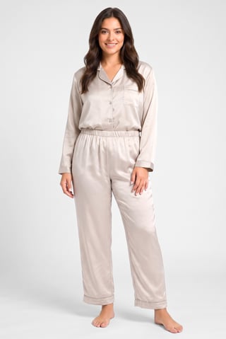 Women 2 Pcs Plain Long Sleeve Shirt And Pants Pyjama Set, Grey