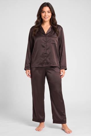 Women 2 Pcs Plain Long Sleeve Shirt And Pants Pyjama Set, Dark Brown