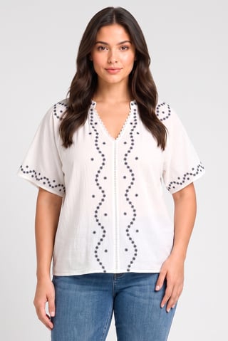 Women V-Neck Short Sleeve Embroidered Blouse, White