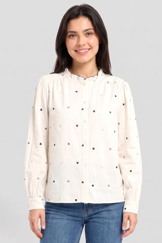 Women Ruffle Neck Long Sleeve Embroidered Shirt, Beige