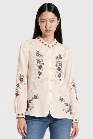 Women Mandarin Collar Long Sleeve Embroidered Blouse, Multicolor