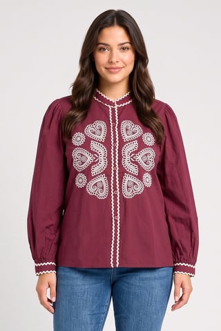 Women Band Collar Long Sleeve Embroidered Shirt, Burgundy