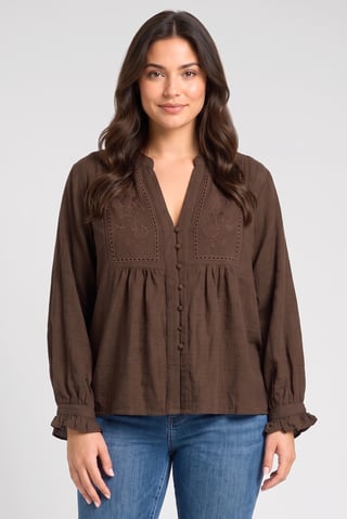 Women V-Neck Long Sleeve Embroidered Shirt,  Dark Brown