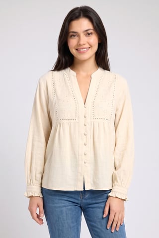 Women V-Neck Long Sleeve Embroidered Shirt, Beige