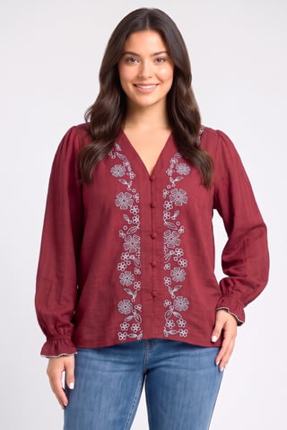 Women V-Neck Embroidered Long Sleeve Blouse, Maroon